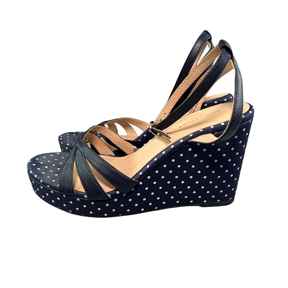Ann Taylor Factory Navy Polka Dot Platform Wedge Sandals Nautical Peep Toe 6M